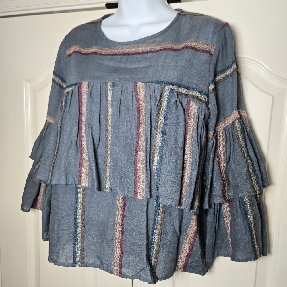 Talori Embroidered Woven Blouse Size Medium‎ Blue Boho Ruffled